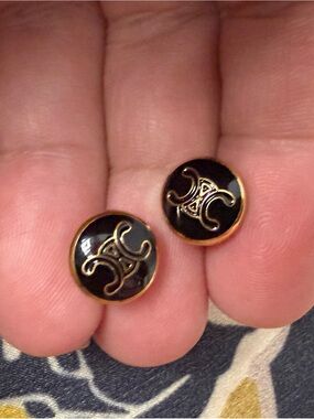 Black and Gold Round Mini Stud Logo Earrings ~ Celine CC